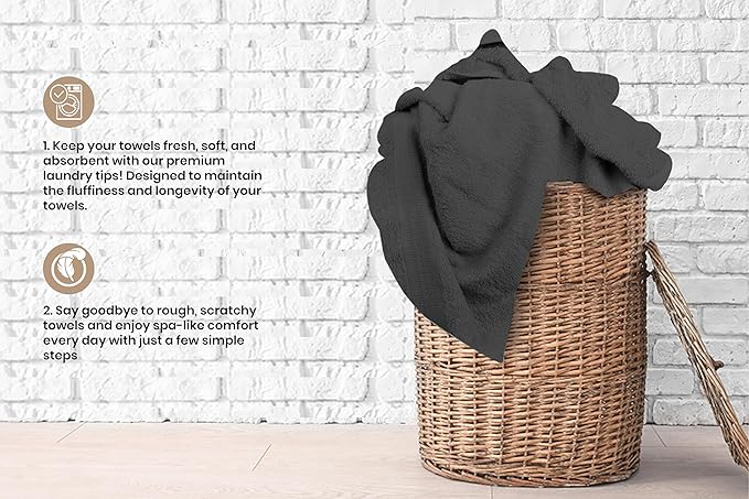 Large Bath Towels Bulk Set of 12 – 100% Cotton Terry – 24" x 50" – Quick Dry, Soft & Highly Absorbent – Charcoal Grey Towels for Bathroom, Gym, Spa, Pool & Daily Use