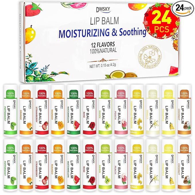 DMSKY 24 Pack Lip Balm Bulk, Moisturizing with Coconut Oil & Vitamin E for Dry Cracked Lips, Natural Lip Care Party Favors for Kids & Adults-12 Flavors