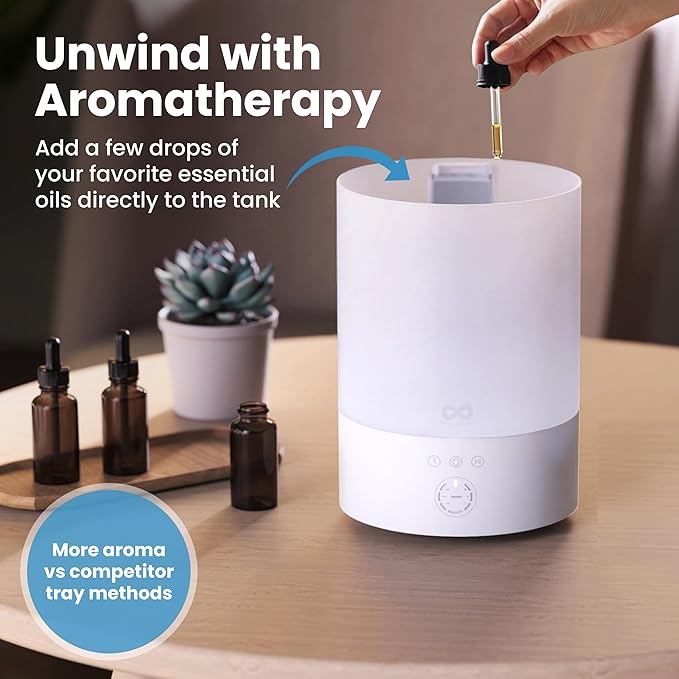 Everlasting Comfort 2.5L Top Fill Humidifier for Bedroom – Quiet, Easy to Fill & Clean, 24HR Runtime, Night Lights, Timer, Ultrasonic Cool Mist, Auto Shut-Off, Essential Oil Diffuser - White
