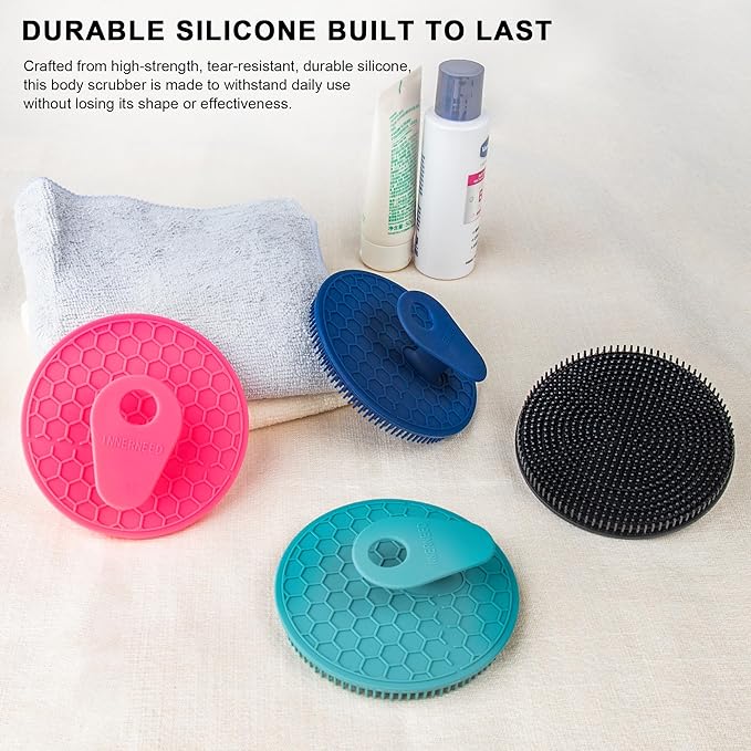 INNERNEED Food Grade Silicone Body Scrubber Gentle Exfoliating Brush for Women Men Deep Clean for All Skin Types, More Hygienic and Well Lather (Black+Dark Green+Dark Blue)