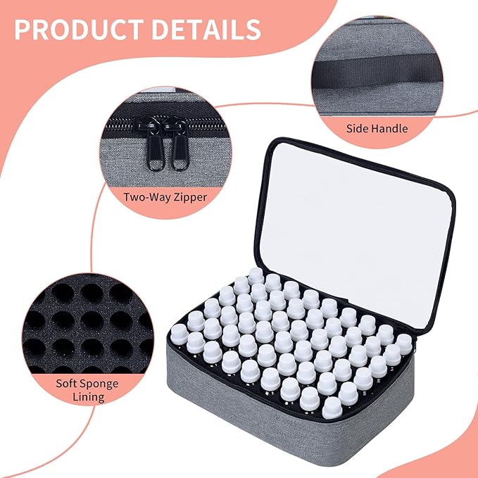 Essential Oils Carrying Case Holds 54 Grids for 1-3ML Roller Bottles 5ml, 10ml, 15ml Bottles Storage Organizer Bag Transparent, Essential Oil Bag with Detachable Sponge Pad Grey