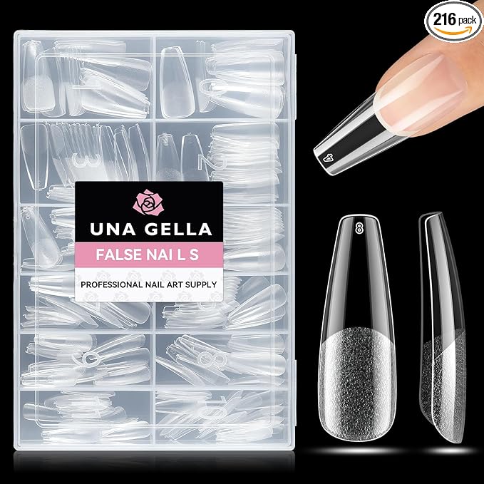 UNA GELLA Long Coffin Nail Tips: 216pcs Coffin Acrylic Fake Nails Full Cover Gel Nail Tips Press On Nails Clear Tips for Nail Extension DIY Salon 12 Sizes