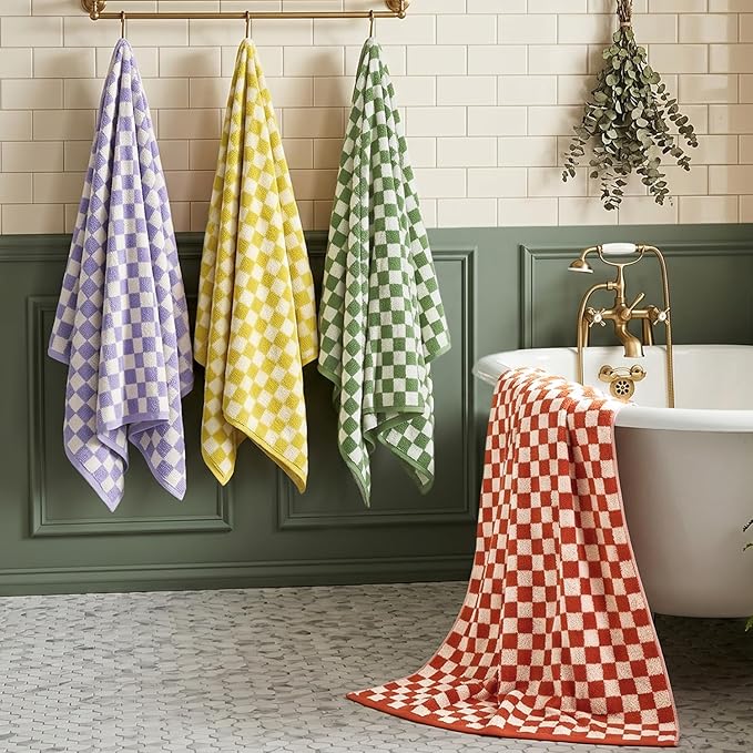 Jacquotha Checkered Bath Towels Set of 4-100% Cotton Towels for Bathroom, Shower, Pool & Beach (Purple, Yellow, Green, Orange), 520GSM