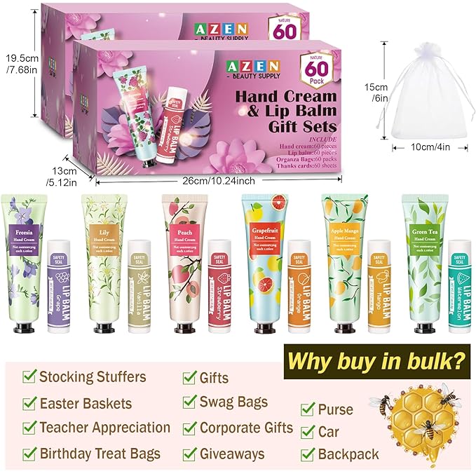 AZEN 120 Sets Bulk Gifts, Hand Cream and Lip Balm Bulk Set with Organza Bag Thank You Card, Baby Shower Wedding Gift for Guests, Bridal Wedding Favors for Guests, Mothers Day Gifts Stocking Stuffers
