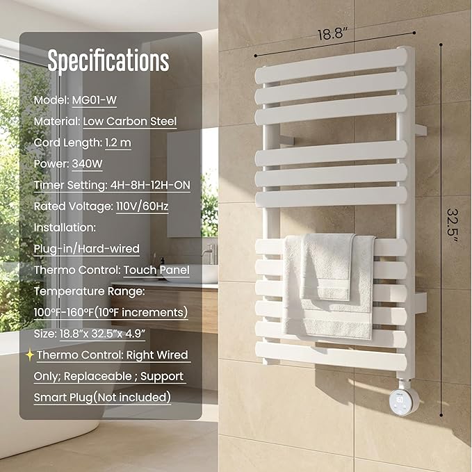 Towel Warmer, Large Size Heated Towel Rack with Built-in Timer and Temperature Control, Detachable Controller, Hardwired/Plug-in, White