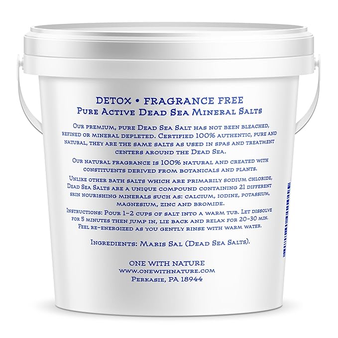 One with Nature 100% Dead Sea Bath Salt for Soaking - 5LB Unscented with High Mineral Content, Magnesium, Sulfur, Zinc, Potassium. Skin Nourishing and Exfoliating. Resealable and Recyclable Container