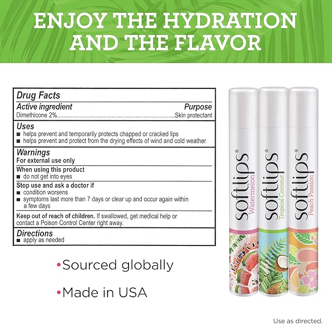 Softlips Daily Lip Moisturizer For Very Dry Lips, Tropical Flavored Lip Balms, Hydrates, Soothes & Prevents Dry, Chapped Lips, Smooth Glide Formula, Dermatologist Tested, Pack of 3 Chap Sticks