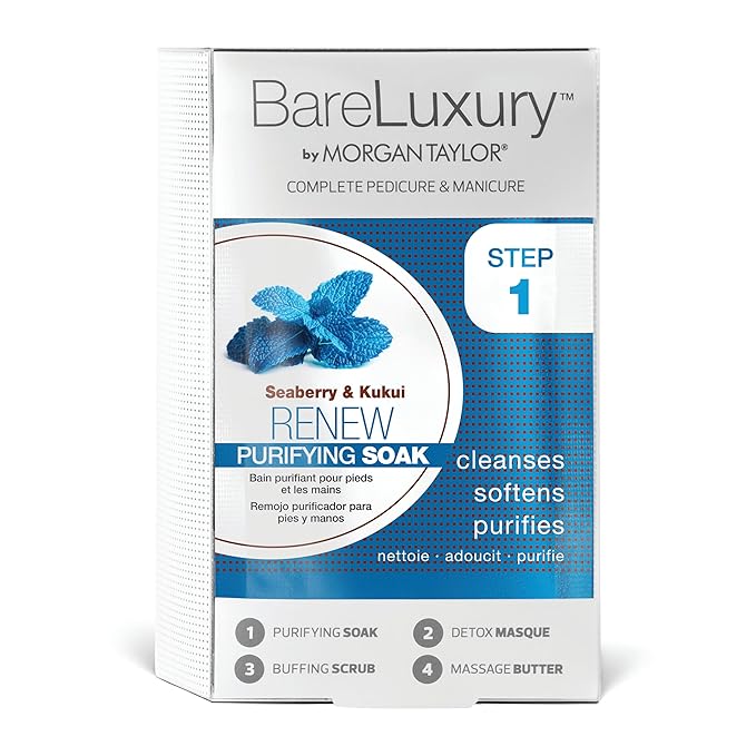 Morgan Taylor BareLuxury 4-Step Complete Pedicure & Manicure Packs - Complete Nail Care Kit with Soak, Masque, Scrub & Massage Butter, Professional Spa-Quality Treatments (Renew Seaberry & Kukui)