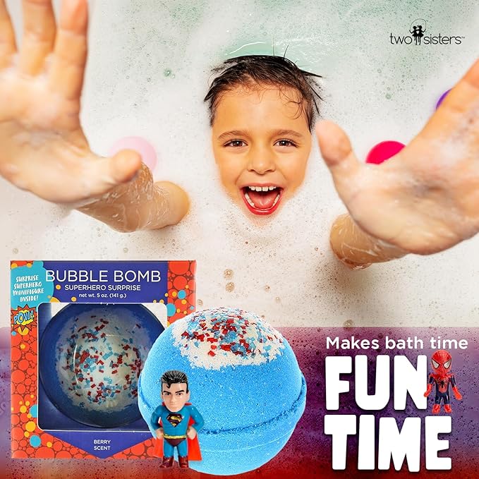 Superhero Bath Bombs for Kids & Boys with Surprise Hero Toys Inside (1 Pack) - Large Bubble Bath Bombs for Boys & Girls - Boys Easter Basket Stuffers & Gifts - Fruity Scent, USA Made by Two Sisters