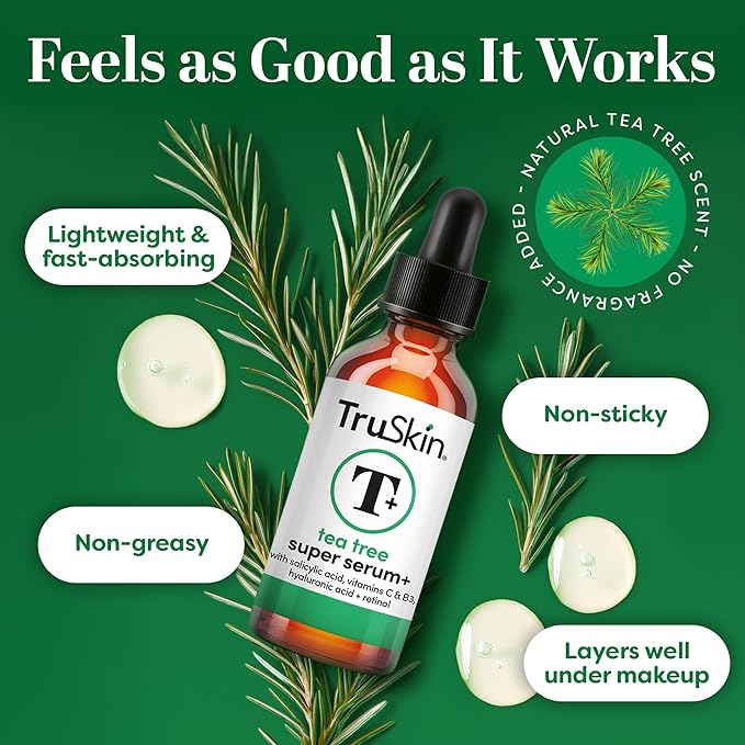 TruSkin Tea Tree Oil Acne Treatment Serum for Face - Salicylic Acid, Niacinamide, Vitamin C & Retinol - Clarifying Super Facial Serum for Acne-Prone Skin & Pores, 2 Oz