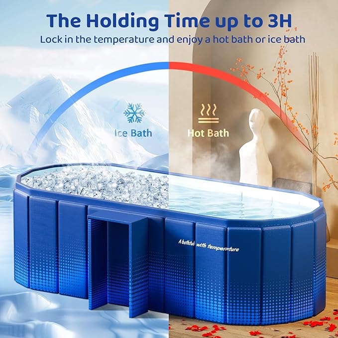 Portable Foldable Bathtub, Freestanding Bathtub No Installation, Bathroom SPA Soaking Bath Tub, Shower Stall Collapsible Hot & Ice Bath Tub (Blue with Storage Rack, 59"L x 21.6"W x 19.6"H)