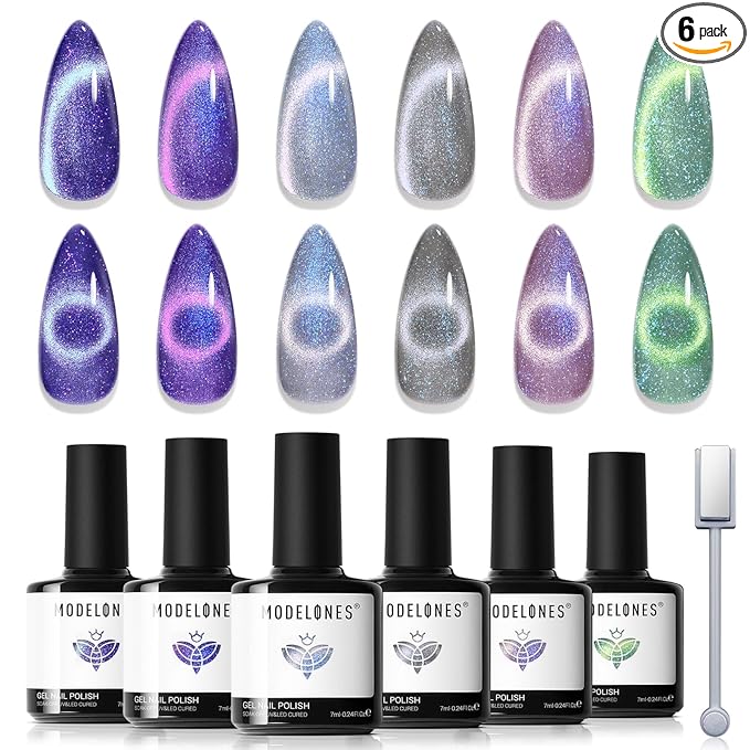modelones Cat Eye Gel Nail Polish Set, 6 Colors Aurora Galaxy Pearlescent 9D Cateye Glitter Gel Polish kit Blue Green Purple Mermaid Nail Polish with Magnet Soak Off LED Nail Art Starter Kit DIY Gift