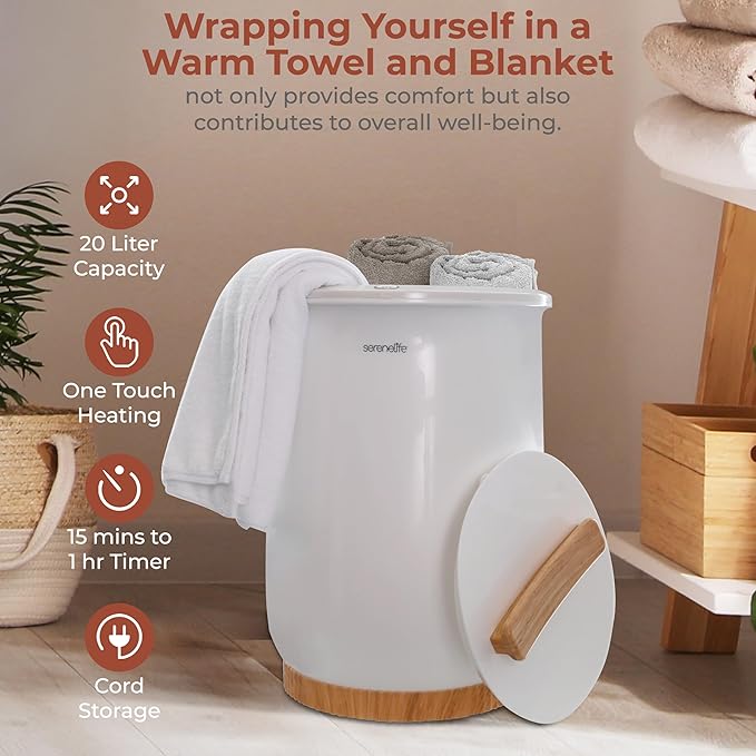 SereneLife Bucket Towel Warmers, White Large Towel Warmer for Spa and Bathroom, Luxury Towel Heater Gifts for Him & Her, Auto Shut-Off, Fits 2 large, Blankets, Bathrobes, PJ's