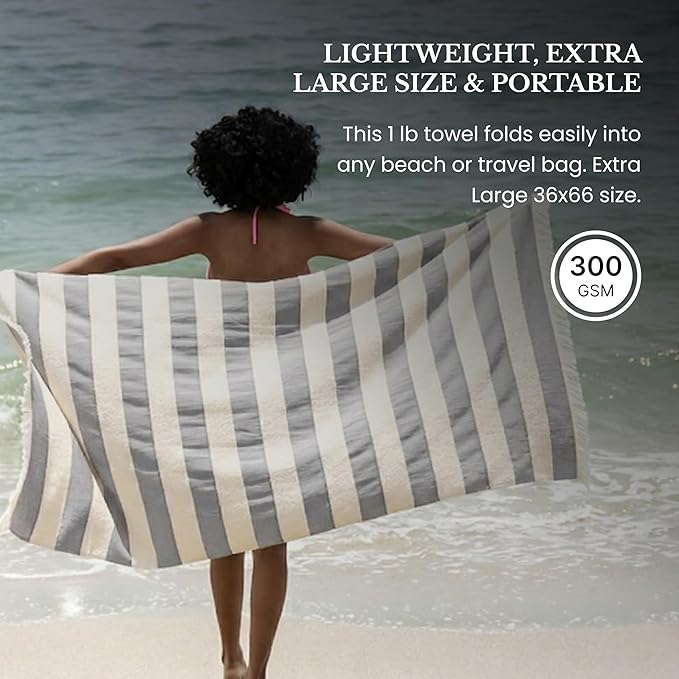 Lightweight Turkish Beach Towel - 100% BCI Cotton, Unbleached Raw Fringe, Oeko-TEX Certified, Absorbent, Eco-Friendly, 36x66”, Gray & Natural Stripes, Portable Sarong Blanket for Pool, Travel