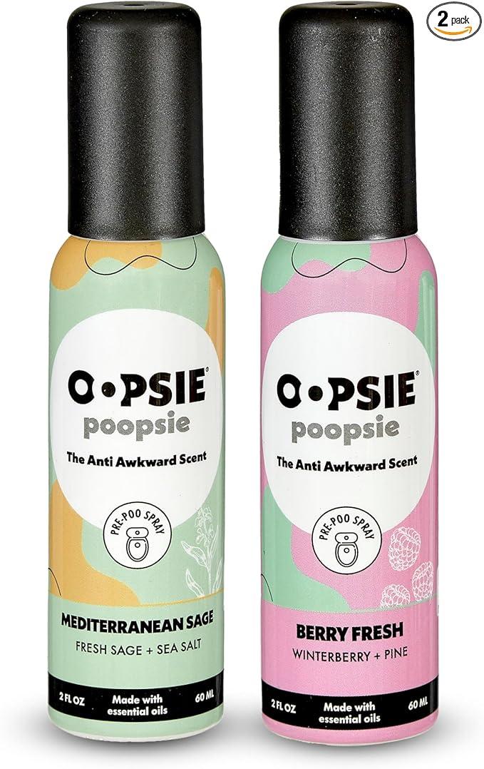 Oopsie Poopsie Toilet Spray – Before & After You Go Bathroom Odor Eliminator & Neutralizer Spray, Travel Size with Essential Oils, TSA Approved – Sage/Berry Fresh 2 Pack – 2 Oz.
