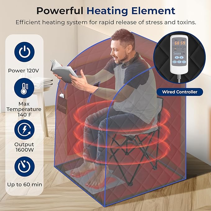 SereneLife Portable Sauna Box for Home, Infrared Sauna Tent with Heated Foot Pad and Folding Chair, Remote Control In-Home Spa, 38" x 32”
