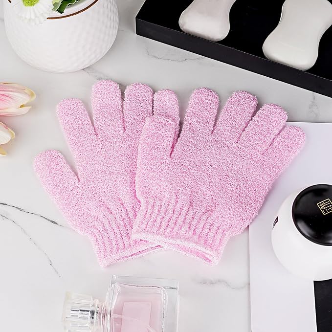 4 Pairs Bath Gloves, Body Scrub Mitts, Shower Scrubber Gloves for Shower Spa Massage & Body Scrub for Women Bath Spa Accessories (Pink, S)