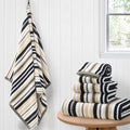 Luxury Black Striped 6-Piece Towel Set - 100% Cotton Quick Dry Highly Absorbent Bathroom Towels (2 Bath Towels 28"x52" with Hanging Loop, 2 Hand Towels 16"x27", 2 Washcloths 13"x13") | Black & Gray