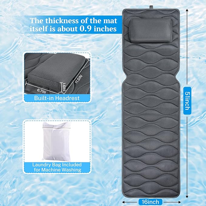 TranquilRelax Bath Pillow for Tub with Laundry Bag & 17 Non-Slip Suction Cups, Extra Thick and Soft Bathtub Pillow for Head, Neck & Shoulder Support, 51" x 16" Grey