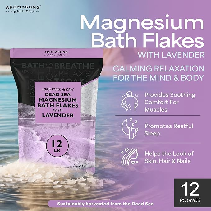 Aromasong RAW Magnesium Bath Flakes with 100% Natural Lavender, 12 Lb. Bulk Muscle Relaxing Organic Salts Mg Chloride, Mineral Soak Salt.