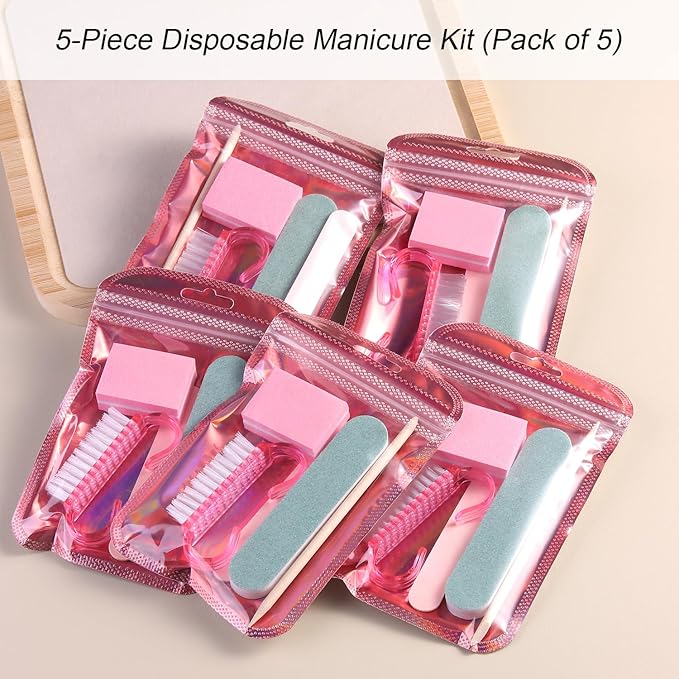 5-Piece Disposable Manicure Kit, Bulk Mini Nail Care Set with Nail Files, Buffer, Cuticle Pusher & Cleaning Brush, Pedicure Salon Supplies, Party Favors, Limas Desechables para Uñas