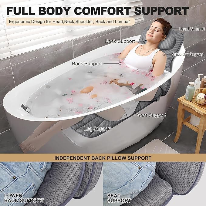 Extra Long Thick Full Body Bath Pillow for Tub with Lumbar Pillow- Luxury 4D Air Mesh Bathtub Pillow with Head, Shoulder & Back Support, Non-Slip Bath Cushion with Suction Cups (Gray)