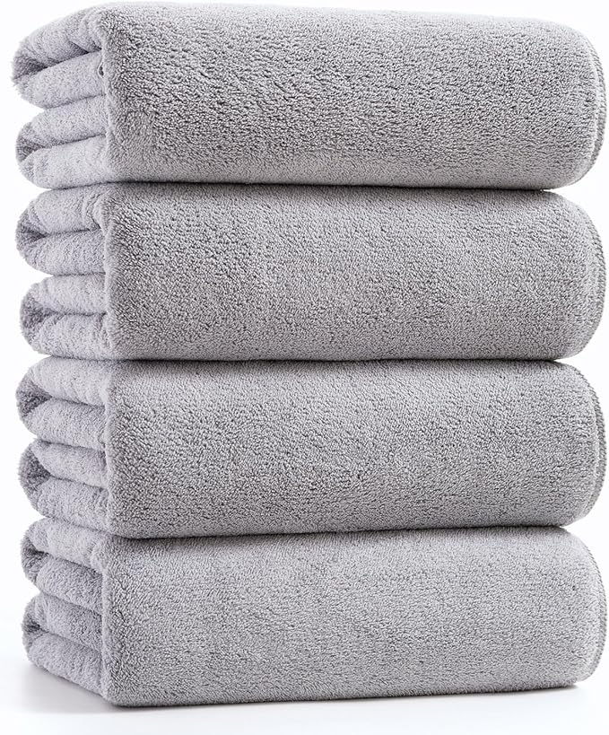 sakano 4-Piece Bath Towel Set,Quick-Dry Absorbent Lint Free & Launder Soft Coral Velvet Microfiber Towels for Bathing, Fitness, Spa, and Guest Use -Light Gray, 28 x 55 inches