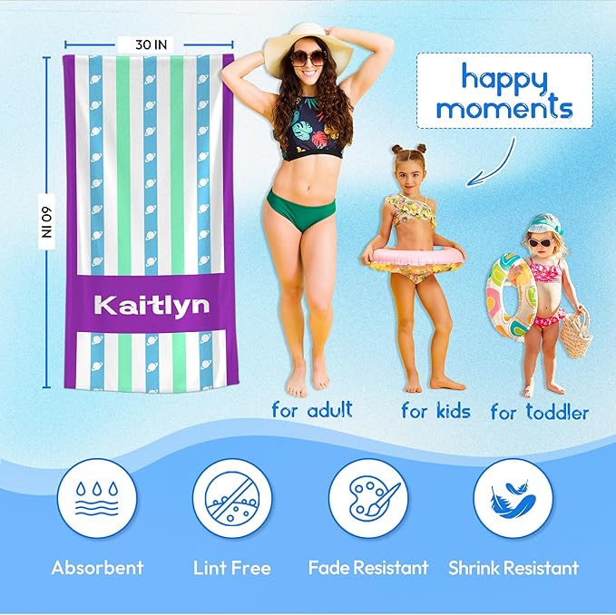 JML Custom Beach Towel with Name, Personalized Microfiber Beach Towel with Name, Large, Soft, Quick Dry & Absorbent for Swim, Pool,Adult,Summer Holiday,Vacation,Travel,Gift for Anniversary, Birthday