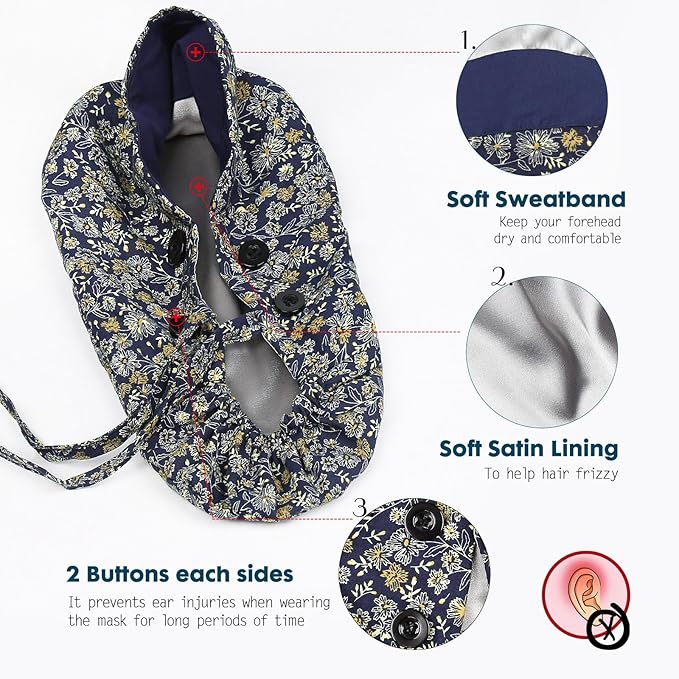 Satin Lined Scrub Caps with Buttons & Sweathand, Surgical Caps for Women