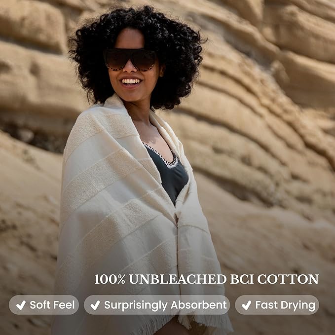 Lightweight Turkish Beach Towel - 100% BCI Cotton, Unbleached Raw Fringe, Oeko-TEX Certified, Absorbent, Eco-Friendly, 36x66”, Natural Stripes, Portable Sarong Blanket for Pool, Travel