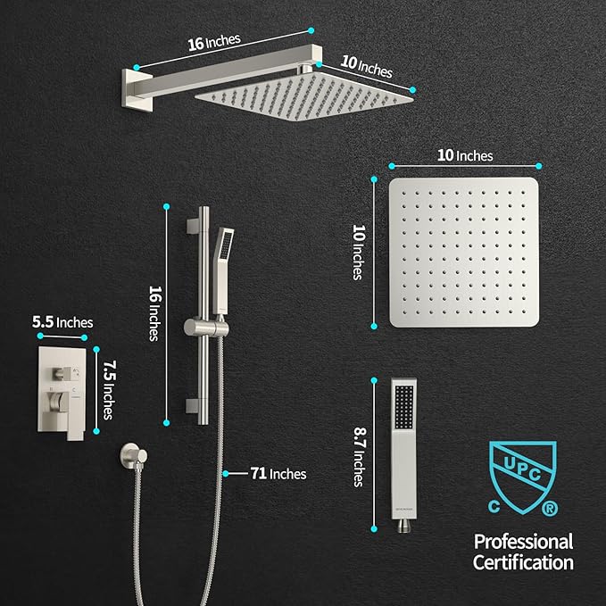 SR SUN RISE Shower System with 10" Rain Showerhead, Square Handheld Showerwith 16-Inch Slide Bar and 71-Inch Hose, Wall Mounted Shower Faucet Set Included Valve and Trim Kit, Brushed Nickel