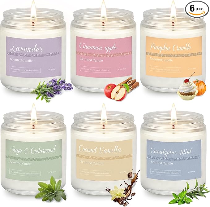 6 Pack Fall Candles for Home Scented, Fall Scented Candles for Women Gifts Autumn Home Decor, Natural Non Toxic Soy Candle Set Pumpkin/Cinnamon Apple/Vanilla/Lavender/Sage/Eucalyptus