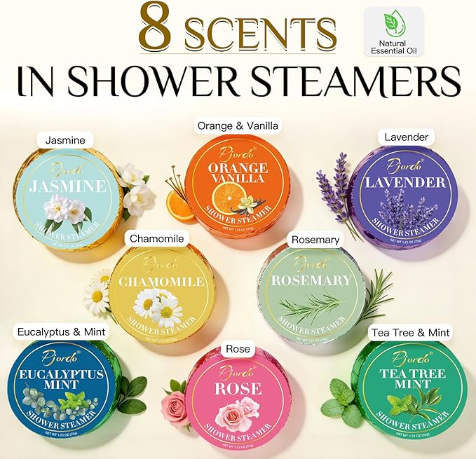 Pjordo Shower Steamers Aromatherapy, Mothers Day Gifts for Women Wife Her, 16 Pack Shower Bombs with Natural Essential Oil & 2 Pack Massage Oil for Moisturizing, Self Care Relaxation Home Spa