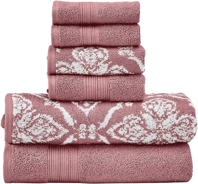 Modern Threads Amaris 6-Piece Reversible Yarn Dyed Jacquard Towel Set - Bath Towels, Hand Towels, & Washcloths - Super Absorbent & Quick Dry - 100% Combed Cotton, Rosewood
