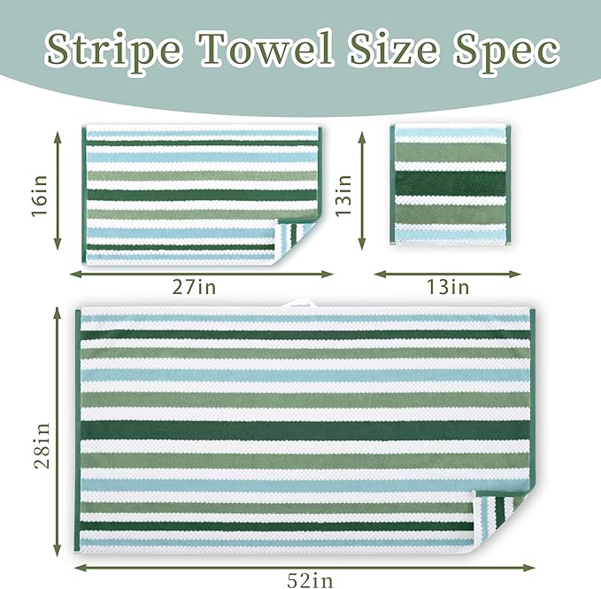 Green and White Towels - 100% Cotton | Quick Dry | Soft | Absorbent, Bath Towels Set of 6, 2 Bath 28"x52", 4 Hand 16"x27", Towels with Hanging Loop, Waffle Towels Set for Bathroom, Stripe + Checkered