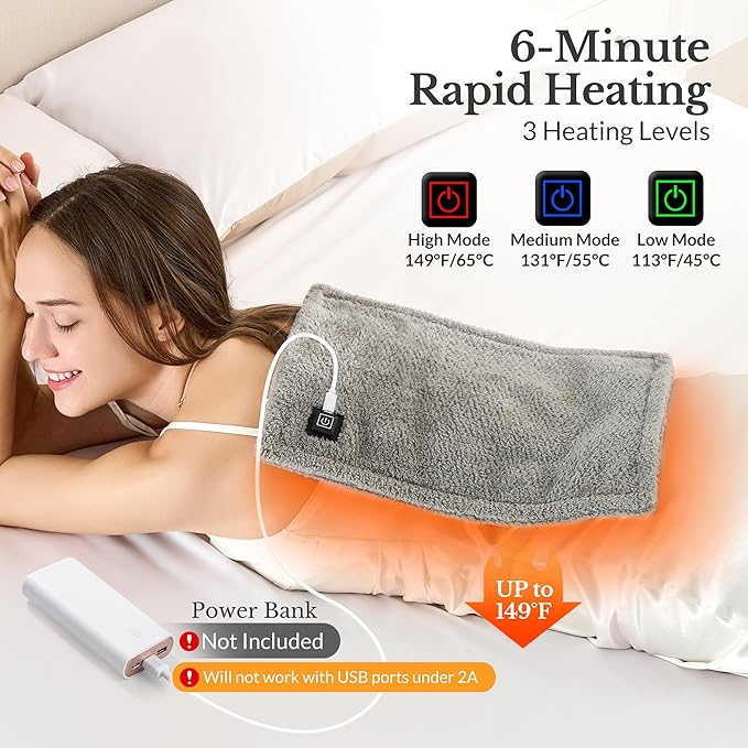 USB Heating Pad, 5V 3A Fast Heating with 3 Heat Settings & Auto Off, Travel Heating Pad for Neck, Shoulder, Back,Knee & Period Cramps. 12"x16" Fleece Heated Pad with USB-A to USB-C Cable, Grey