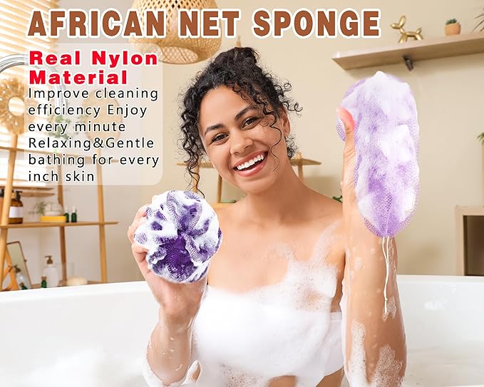 2 Pack African Net Sponge Exfoliating Body Scrubber Bath Sponge for Daily Use (Light Purple+Dark Purple)