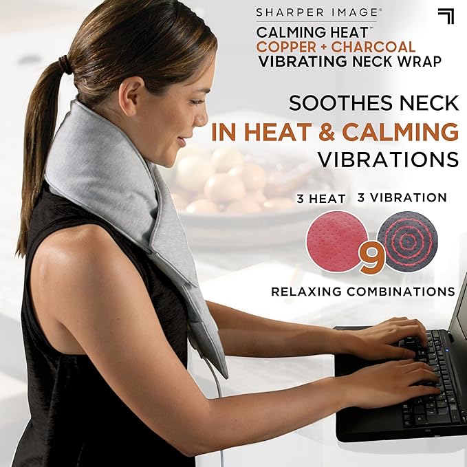 Calming Heat Neck Wrap by Sharper Image | Weighted Copper & Charcoal, Heating Pad, Auto Shut-Off Feature, Gift for Holidays, Women & Men | 3 Heat & 3 Vibrating Massage Settings