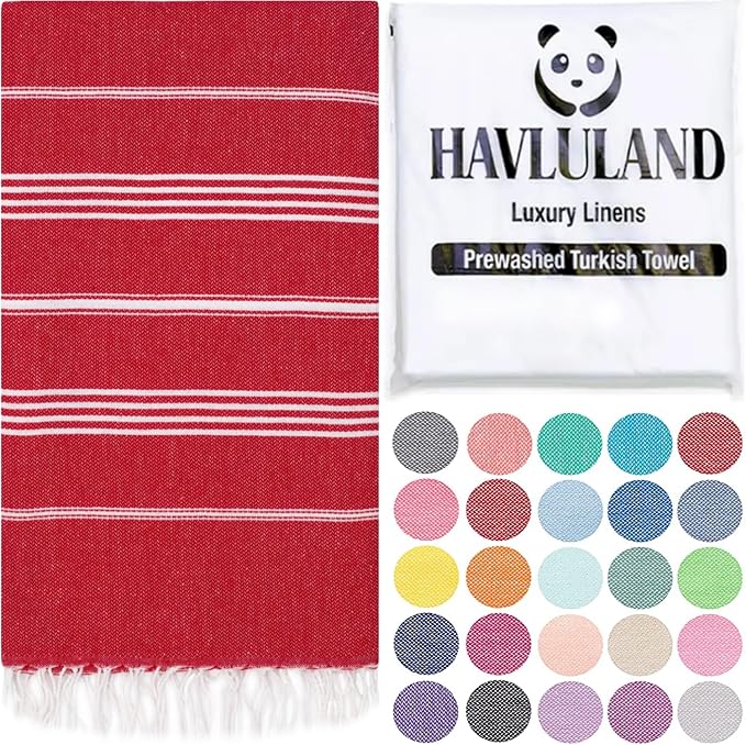 HAVLULAND Turkish Beach Towel Oversized 40"x 72" 100% Turkish Cotton, Sand Free, Extra Large, Super Soft, Quick Dry, Compact, Lightweight for Travel & Camping - Red