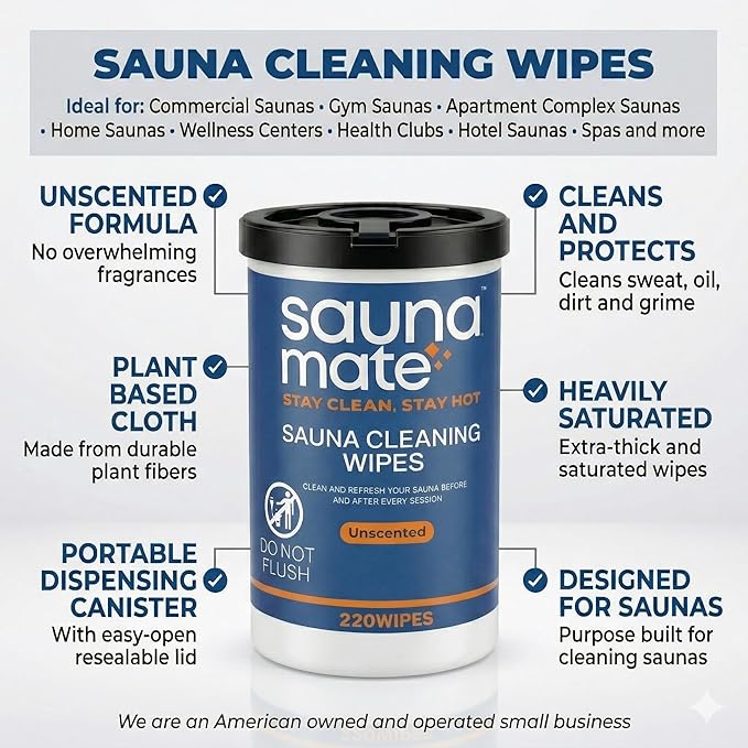Sauna Cleaning Wipes, 220 Count, Unscented Disposable Sauna Wipes, Cleans Sweat, Oil & Grime Between Uses, For Sauna Benches & Backrests, Home, Gym & Commercial Use