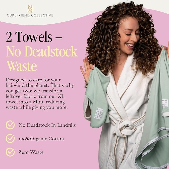 Curlfriend Collective Cotton Cloud T-Shirt Hair Towel Duo – Sage The Day Hair Towel Wrap for Women, XL + Mini Hair Drying Towels for Curly Hair, No-Slip Plopping Towel, Ultra Absorbent Cotton