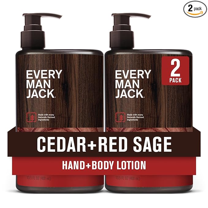Every Man Jack Mens Cedar + Red Sage Hand & Body Lotion for All Skin Types - Dermatologist Tested & Hypoallergenic - Nourish Skin with Lightweight Fast Absorbing Lotion - 13.5oz (2 Pack)