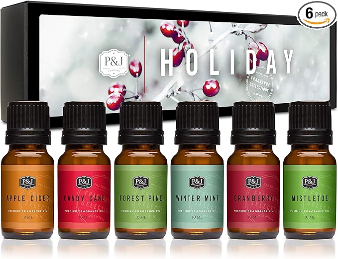 P&J Fragrance Oil Holiday Set for Christmas Home Decor | Mistletoe, Candy Cane, Wintermint, Apple Cider, Cranberry, and Forest Pine Candle Scents for Candle Making, Soap Making, Diffuser Oil Scent