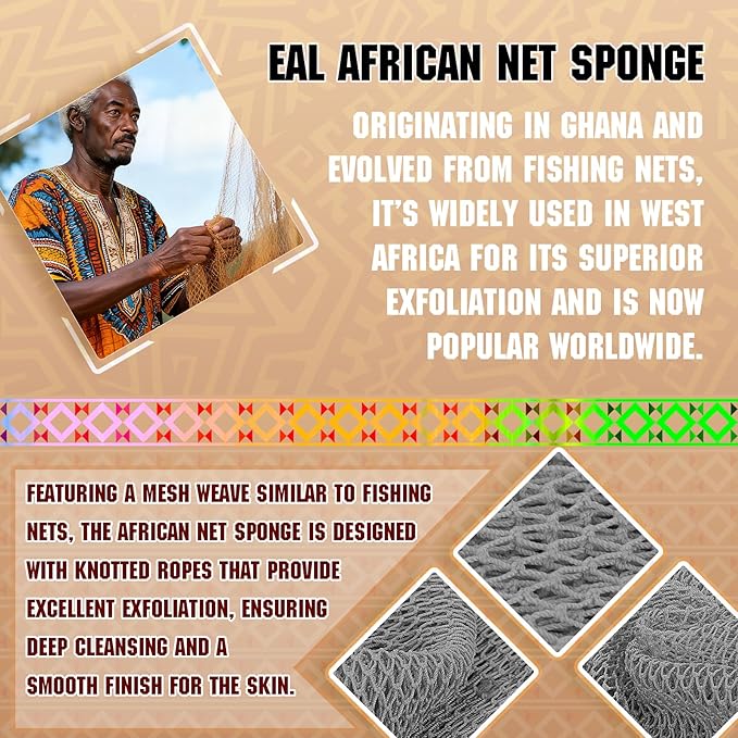 African Net Sponge Set (2 Pieces) - Premium Exfoliating Scrubber for Face & Body, Travel Portable, Durable, Gentle Exfoliation for Dry Skin(White,Grey)