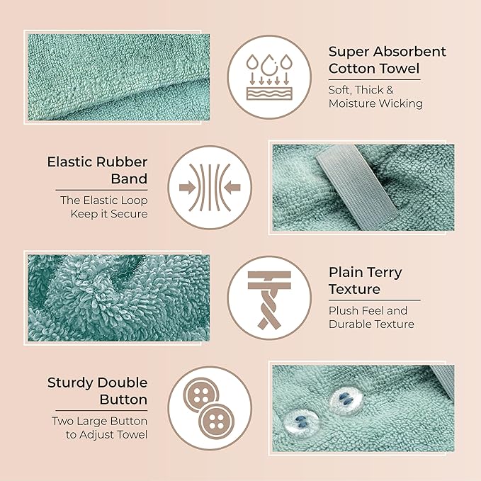Lili&James 100% Cotton Hair Towel Wrap for Women/Kids | Quick Dry, Soft & Absorbent Hair Wrap Towels with Double Button | Anti Frizz, Non Microfiber Hair Turbans for Curly, Long & Thick Hair (Aqua)