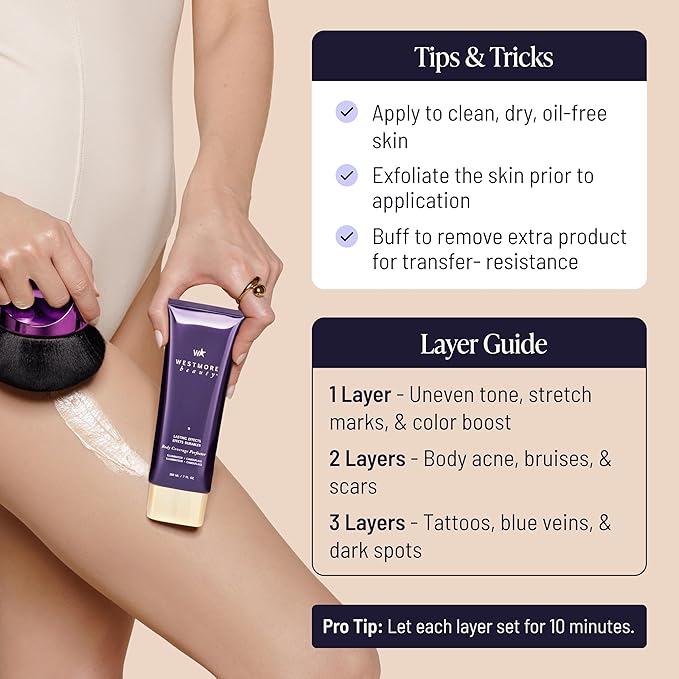 Westmore Beauty Body Coverage Perfector x Blend & Blur Body Brush Kabuki Brush - Waterproof Leg & Body Makeup - Tattoo Cover Up Makeup - 7 Oz Light Radiance
