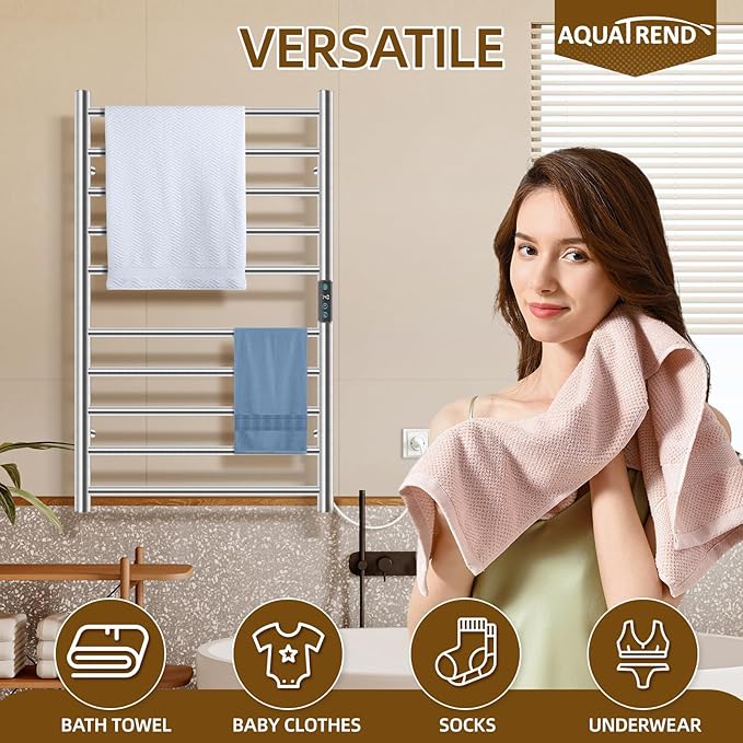 Towel Warmers for Bathroom, Heated Towel Rack Large, Smart Timing & Temperature Control, 10 Bar Racks, Stainless Steel, Plug-in, Fast Heating, Nickel