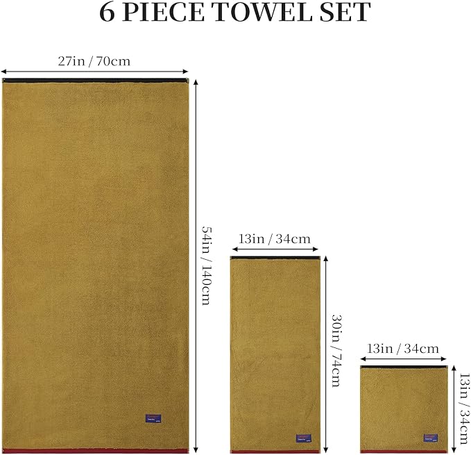 REDKISS 6 Piece Luxury Bath Towel Set, 2 Bath Towels, 2 Hand Towels, 2 Washcloths, 100% Cotton Ultra Soft Highly Absorbent Quick Dry Towels for Bathroom, Gym, Spa, Hotel, Mustard Yellow