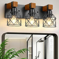 3-Light Farmhouse Vanity Lights for Bathroom, Rustic Wood Bathroom Vanity Lighting Fixtures Over Mirror, Vintage Black Wall Mounted Lamps with Metal Cage for Living Room, Bedroom, Hallway
