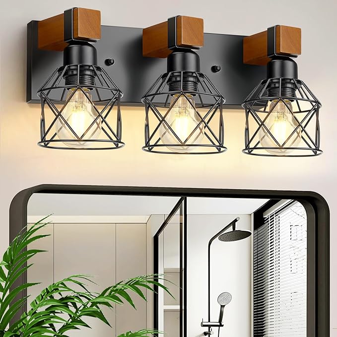 3-Light Farmhouse Vanity Lights for Bathroom, Rustic Wood Bathroom Vanity Lighting Fixtures Over Mirror, Vintage Black Wall Mounted Lamps with Metal Cage for Living Room, Bedroom, Hallway
